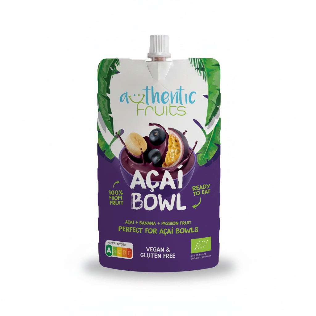 A packaging of Authentic Fruits Açai Bowl with images of açai berries, bananas, and passion fruit, indicating it is a superfruit blend. The packaging highlights no added sugar, vegan, and gluten-free attributes.