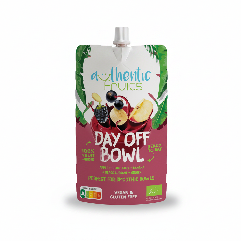 A stand-up pouch of Authentic Fruits Day Off Bowl juice, featuring a white cap and a colorful label with illustrations of fruit and green leaves, set against a plain white background.